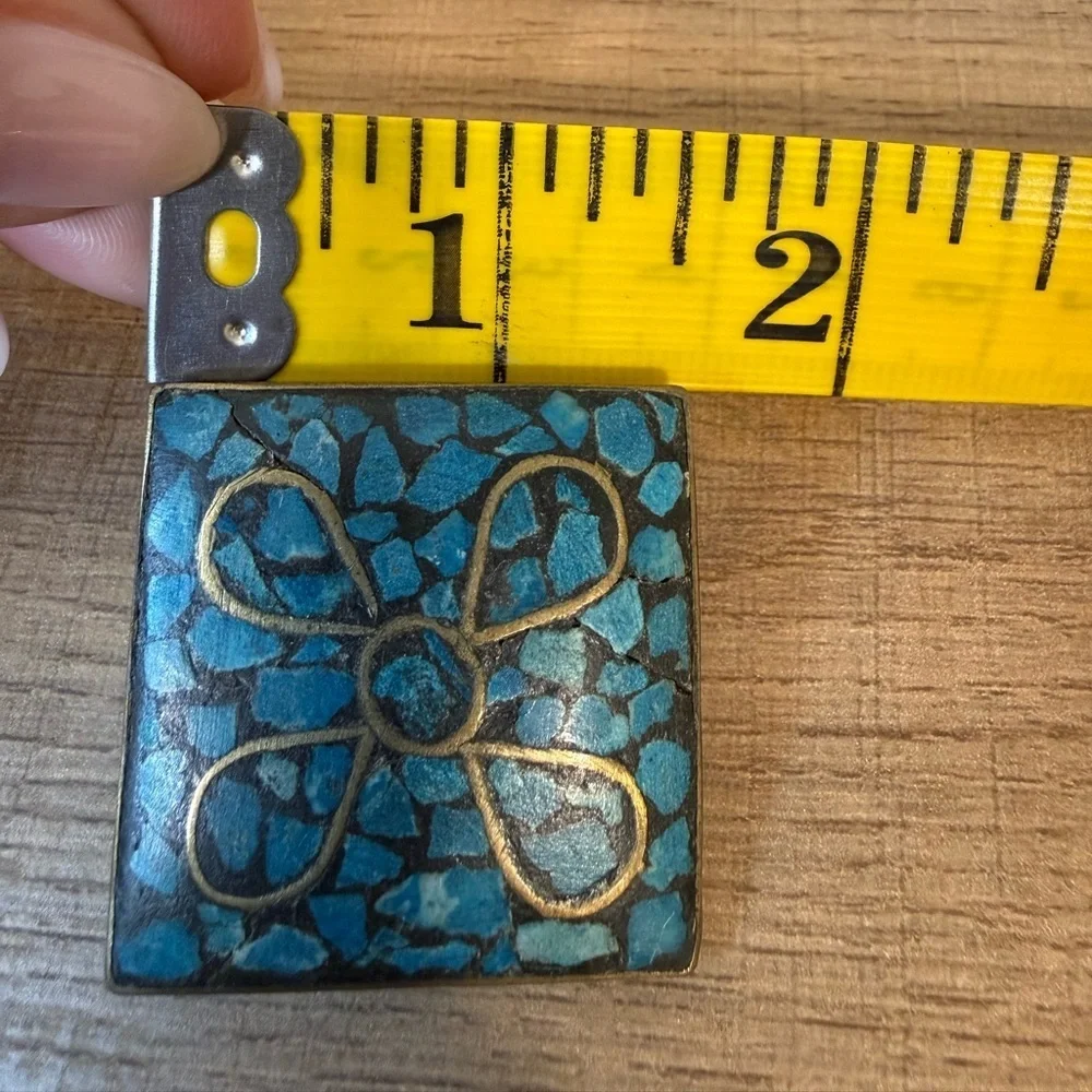Vintage India Brass Turquoise Inlay Pin | Floral Mosaic
